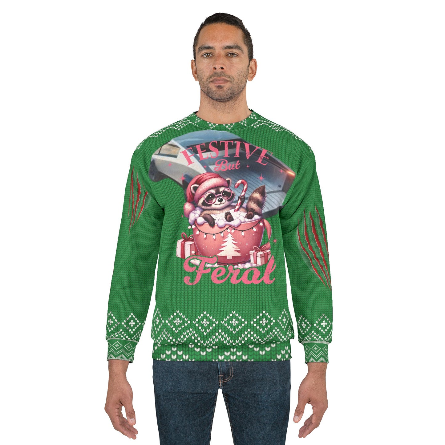 UGLY Christmas Sweater - Cyber Truck - Festive but Feral Racoon