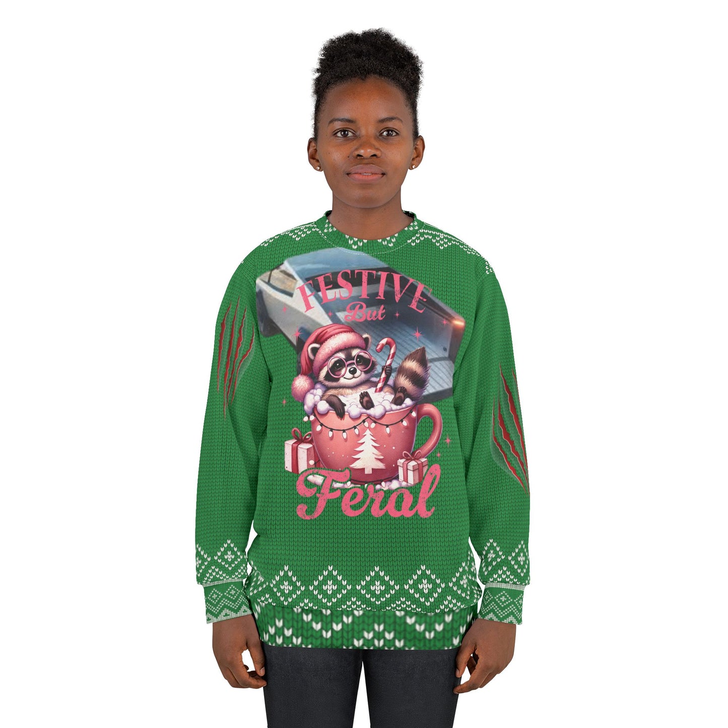 UGLY Christmas Sweater - Cyber Truck - Festive but Feral Racoon